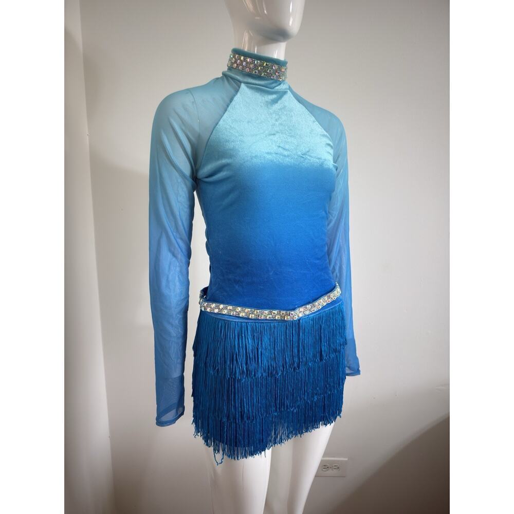 Weissman Blue Ombre Jazz Latin Dance Costume Fringe Sequin Belt Size MA